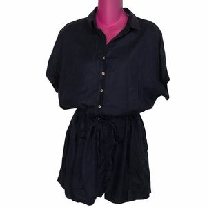 First Monday S navy blue button up linen romper